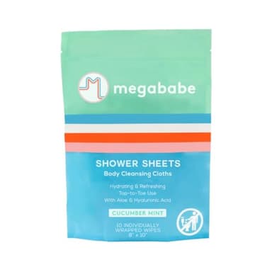 Megababe Cucumber Mint Shower Sheets | Summer and Hot Weather Essential | Individually Wrapped Body Cleansing Cloths | 10 Wipes (Pack of 1)
