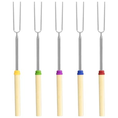 5 Pack Marshmallow Roasting Sticks Set, Extendable 32in Long Metal Barbecue Skewers with Wooden Handle, for Marshmallow, Hot Dogs, Camping, BBQ, Grill