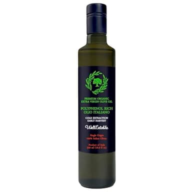 WellEatable High +1,200 mg/kg Polyphenol Rich Olive Oil, Award-Winning Early Harvest, Organic Extra Virgin Olive Oil from Italy, Lab Tested, Cold Extracted for Drinking and Finishing, 16.9 fl oz