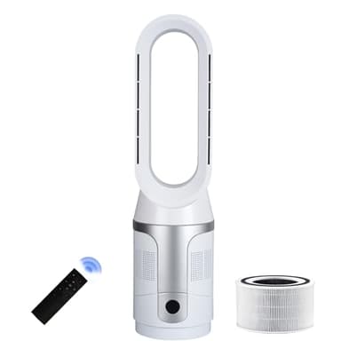 Voagupa Bladeless Tower Fan and Air Purifier, True H13 HEPA Filter, 90° Oscillating Bladeless Fan with Remote and Touch control, 9H Timer, Floor Fans for Bedroom Home Office Use, Silver White