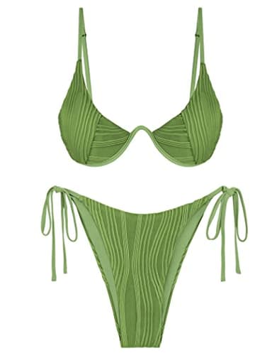 ZAFUL Bikini Sets for Women 2025 Chic Ribbed Two Piece Swimsuit Back Clasp High Cut Thong Bathing Suit Green XS