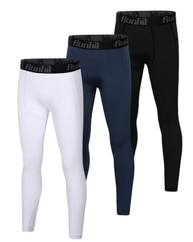 Runhit 3 Pack Boys Compression Leggings,Athletic Tights Basketball Compression Pants,Youth Boys Base Layer Pants Sports Legging Black+White+Navy Blue M