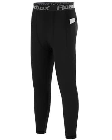 Roadbox Boys Compression Pants, Youth Athletic Sports Legging with Pocket, Base Layer Tights for Kids Running Football Black