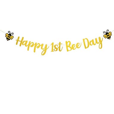 Happy 1st Bee Day Banner,Glitter Gold 1st Birthday Themed Party,One High Chair Sign Boy Girl First Birthday Party Decorations.