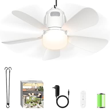 Canopy Fan 20'', 20000mAh Portable Outdoor Ceiling Fan with Light with Remote Control and Extension Hook, Easy Operation Battery Powered Fan Light for Gazebo, Tent, Patio, Camping