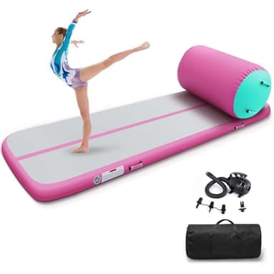 Estgora Gymnastics Mat For Tumbling 10ft Mat Inflatable, 4 Inch Air Tumble Track Air Roller Gymnastic Training Equipment for Kids Home Use Gym Cheerleading with Electric Pump-Pink&Mint