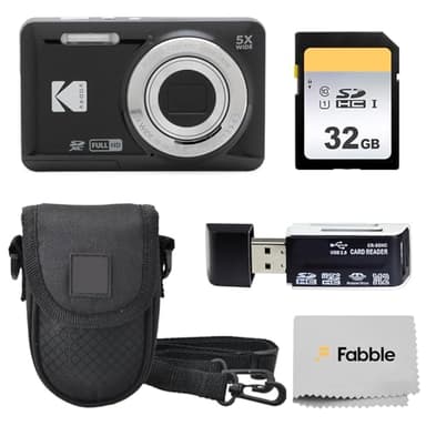 KODAK PIXPRO FZ55 16MP Digital Point & Shoot Camera, 5X Optical Zoom, 28mm Wide Angle, 1080P Full HD Video, Bundle with 32GB SD Card, Protective Case, and Hi-Speed Card Reader (Black)