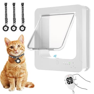 Smart Cat Door with 3 Collar Sensor, RFID Cat Door Collar Activated with Remote Control, 4 Way Locking Cat Flap Automatic Pet Door (White)
