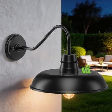 Solar Barn Lights Outdoor, 12 Inch Dusk to Dawn Gooseneck Barn Light, Black Exterior Light Fixture Modern Outdoor Wall Lights Waterproof Industrial Farmhouse Wall Lamp for Porch, Barn, Garage, Shed