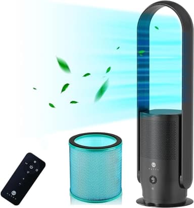 U ULTTY Bladeless Tower Fan and Air Purifier in one, Quiet Tower Fan with Remote, Touch, 9 Speeds, 8H Timer, HEPA Filter 99.97%, 90° Oscillation Fans, Floor Fans Powerful for Home Office Room, Black