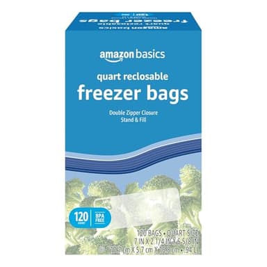 Amazon Basics Reclosable Freezer Quart Food Storage Bags with Zipper Seal, BPA Free, Stand and Fill, Airtight, 120 Count (Previously Solimo)