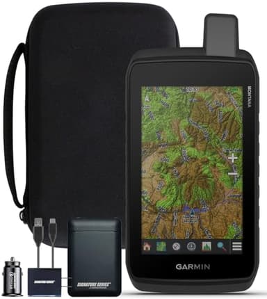 Garmin Montana 710 Rugged GPS Handheld Navigator | Large 5-inch Glove-Friendly Touchscreen, Satellite Imagery, Topographical Maps for Routing on Roads or Trails | Signature Series Power Bundle