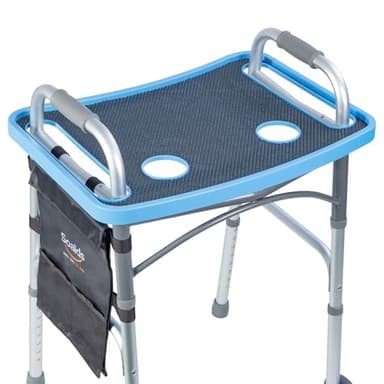 Soaids Walker Tray for Seniors with Dual Cup Holders, Side Pouch and Non-Slip Pad, Lightweight Durable Food & Drink Table, Compatible with Walker of 10210-1 Model (Blue)