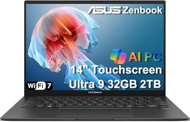 ASUS Zenbook 14 AI PC OLED Touchscreen Laptop, Intel Ultra 9 285H, 32GB DDR5, 2TB SSD, 14" FHD+, 16-Core (> i9-13900H), Backlit, 2x Thunderbolt 4, Wi-Fi 7, 18-Hr Battery, IR Webcam, Win 11 Pro, UX3405