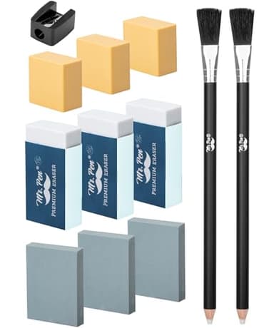 Mr. Pen- Art Eraser Set, 12 pcs, Artist Pencil Erasers, Drawing Supplies Kit, Dual-Ended Eraser Pencils with Cleaning Brush, Kneaded, Soft and Hard Erasers, Sharpener for Sketching, Detailing, Shading