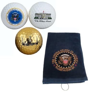 Donald Trump Presidential Seal Golf Ball and Towel Set – Includes Gold Trump Signature, Presidential Seal and White House Golf Balls and Navy Blue Great Seal Towel – Limited Edition Collectible