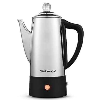 Elite Gourmet 6-Cup Electric Coffee Percolator – Stainless Steel, Fast Brewing, Keep Warm with Auto Shut-Off, Clear Brew Progress Knob, Cordless Serving Base, Reusable Filter, 1000W