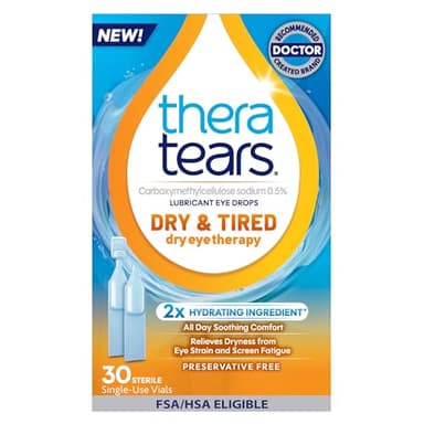 TheraTears Dry & Tired Preservative-Free Eye Drops for Dry Eye Relief and Daily Eye Care, 30 Single-Use Vials