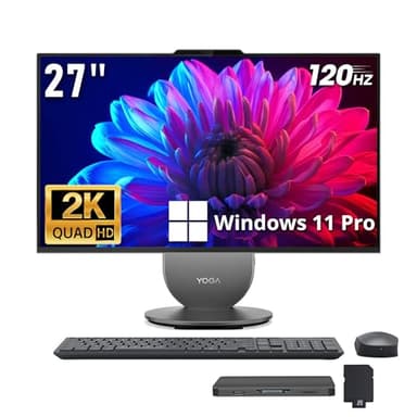 Lenovo Yoga AIO Desktop AI PC, 27" QHD IPS+120Hz Display, Intel Ultra 7 255H 16-Core Processor, 16GB LPDDR5X, 2TB Storage (1TB SSD+1TB Docking Station), Intel Arc GPU, Wi-Fi 7, Win 11 Pro, Gray