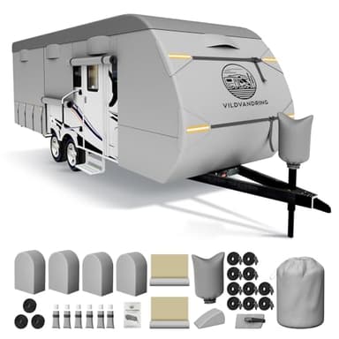 Heavy Duty Travel Trailer RV Cover 24-27ft, Rv Trailer Cover 8 Layers Breathable Waterproof Rip-Stop Camper Cover with Adhesive Repair Patches, Gutter, Tire & Additional Straps