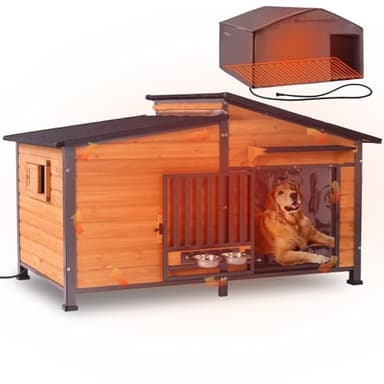 GUTINNEEN Extra Large Heated Dog House Insulated Dog Kennel Weatherproof Dog Shelter with Safe Heating Pad, Chew-Proof Metal Frame, Rotatable Spill-Proof Bowl for Large Dog Breeds, 60"L x 36"W x35.4"H