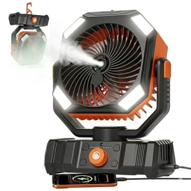 USONE Misting Fan, Portable Camping Fan Rechargeable, Battery Powered Fan for Camping with Light, Remote & Timer, Hanging Tent Fan with Hook for Outdoor fishing, Travel, Work/Summer Essential