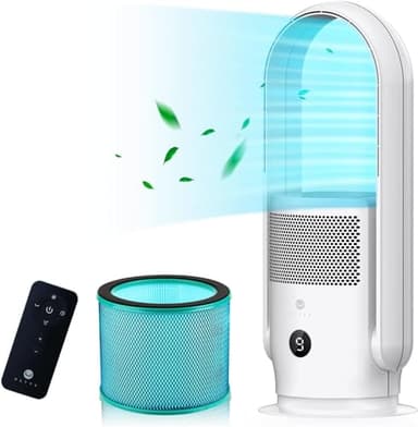 U ULTTY Bladeless Tower Fan with Air Purifier, 90° Oscillating Bladeless Fan with Remote, Touch, 8H Timer, Floor Fans for Bedroom Whole Room Home Office R021, White