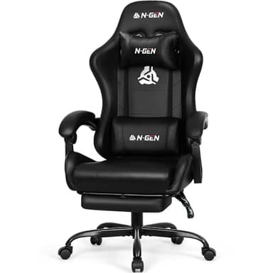 N-GEN GAMING Video Gaming Chair with Footrest Lumbar Support for Home Office High Back Recliner Height Adjustable Ergonomic Comfy Leather Computer Desk Chair (Carbon Black)