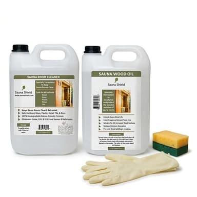 Sauna Shield Sauna Care Set | Sauna Wood Oil & Sauna Cleaner with Applicator Sponge & Gloves | Protects, Cleans & Nourishes Sauna Wood | For Traditional & Infrared Saunas (1.32 Gallons Each)