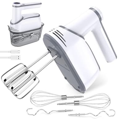 binROC Cordless Electric Hand Mixer, 12-Speed Rechargeable Handheld Mixer with Eject Button, 6 Stainless Steel Attachments, Snap-On Storage Case, LED, Self-Stand for Baking, Cake, Dough, Egg (White)