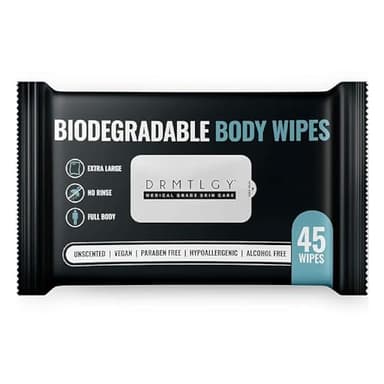 DRMTLGY Body and Face Shower Wipes for Women and Men - 45 Wipes. XTRA Large Biodegradable No Rinse Cleasning Wipes For Camping, Sports, Traveling, and more!
