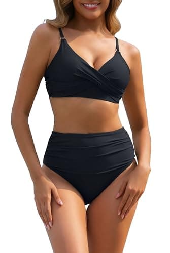 fatty tiger Black Swim Suits for Women 2025 Two Piece Sexy Ruched High Waisted V Neck Adjustable Spaghetti Straps Push Up Bikinis Swimsuit L