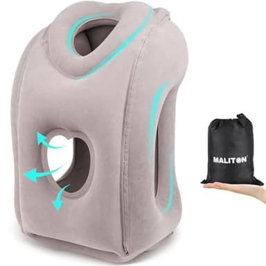 Maliton Inflatable Travel Pillow for Airplane Comfortable Sleeping to Relieve Neck and Shoulder Pain, Support Head Inflatable Pillow for Long Flights, Used for Airplanes, Cars, Trains, Office (Grey)