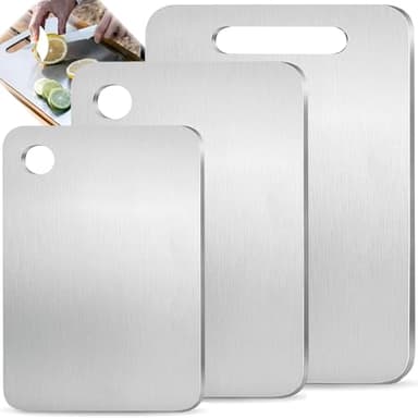 100% Pure Titanium Cutting Board Set of 3, Titanium Cutting Boards for Kitchen Dishwasher Safe, Food-Grade Metal Meat Chopping Board Mat for Cooking Tasks and Outdoor Charcuterie Party (S+M+L)