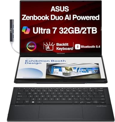 ASUS Zenbook Duo AI Powered 2-in-1 Laptop 14.0" Touchscreen OLED 2.8K Display (Intel Ultra 7-255H, 32GB LPDDR5X, 2TB PCIe SSD, Backlit KB, 2 Thunderbolt 4, WiFi 7, Win 11 Pro) w/DKZ USB Port Expander