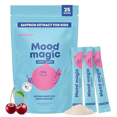 JoySpring Saffron for Kids – Mood Magic Pixie Sticks with Magnesium Citrate & Vitamin D3 – Herbal Saffron Extract Drink Mix, Sugar Free Cherry Lime Powder | 4+ Years | 25 Servings