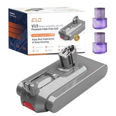 Dyson V11 V15 Replacement Battery - ELO 5000mAh Click-in for Animal, Torque Drive, Outsize, Total Clean, Detect, SV15 SV16 SV17 SV22 SV28 SV47, 25.2V, 970938-01, 2 Filters (Not Screw-in SV14)