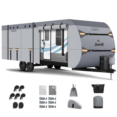 Upgrade 7-Layer Heavy Duty RV Cover 27-30 FT | Fits RVs with Roof Top A/C | All-Weather Travel Trailer RV Cover for Snow & Wind Protection | Rip-Stop Camper Cover with 5+2 Straps