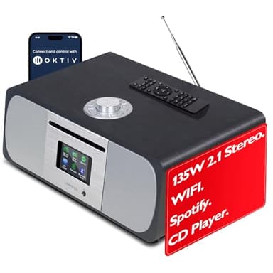 Lemega M5P Upgrade Internet Radio with CD Player, Powerful 2.1 Stereo System,Spotify HiFi, Bluetooth, FM Radio, Acoustic Wood Cabinet,50 Presets, Headphone Jack,OKTIV APP Control - Black