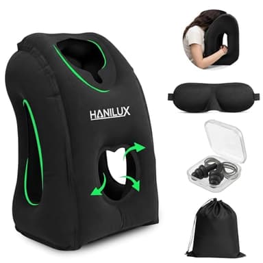 Inflatable Travel Pillows for Airplanes, Blow Up Travel Pillow for Train Office Car with Chin and Neck Support, Inflatable Travel Pillow for Sleep Support with Eye Mask,Storage Bag & Earplugs (Black)