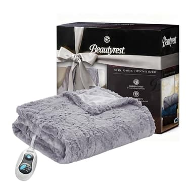 Beautyrest Long Brushed Faux Fur Ogee Textured Design Electric Blanket, Auto Shut Off, Virtually Zero EMF, Multi Heat Setting, UL Certified, Machine Washable, Grey Throw 50x60