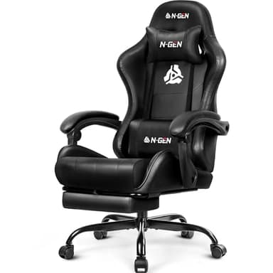 N-GEN GAMING Video Gaming Chair with Footrest Lumbar Support for Home Office High Back Recliner Height Adjustable Ergonomic Comfy Leather Computer Desk Chair (Carbon Black)