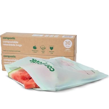 Compostic Home Compostable Resealable Gallon Bags, Microwave & Freezer Safe, Organic Food Storage Container, 60 Count