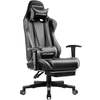 GTPLAYER Gaming Chair with Footrest, Ergonomic Computer Game Desk Chair, Reclining Gamer Chair Seat Height Adjustment, Swivel Rocker with Headrest and Lumbar (Gray)