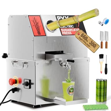 PYY Commercial Sugar Cane Juicer Machine - Electric 3-Roller Sugarcane Juice Press Stainless Steel Extractor, Sugarcane Machine with Cleaning Brush, 2 Peelers,Straws and Cups, 800W 110V 18Inch