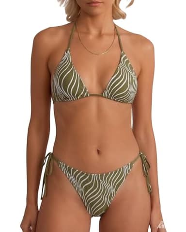 geluboao Trendy Bikini Sets for Women 2025 Textured Halter Neck Triangle Top High Cut Tie Side Swimsuits Army Green L