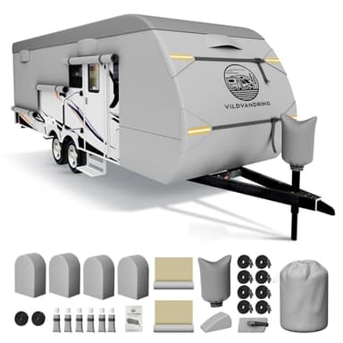 Heavy Duty Travel Trailer RV Cover 14-16ft, 8 Layers Breathable Waterproof Rip-Stop Camper Cover with Adhesive Repair Patches, Gutter, Tire & Additional Straps
