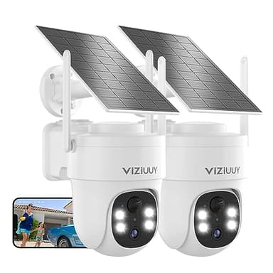 VIZIUUY Solar Security Cameras Wireless Outdoor, 2 Pack 3MP Security Cameras Wireless Outdoor, Pan Tilt 360°WiFi Camera with Color Night Vision/PIR Sensor/2-Way Audio/Alexa/Google Assistant