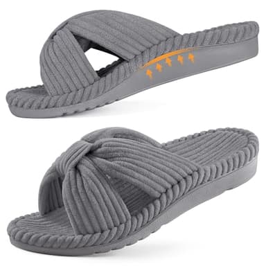 Litfun Orthopedic Arch Support Slippers for Women Comfortable Open Toe Indoor House Slippers Corduroy Cross Bow Bedroom Shoes for Plantar Fasciitis, Grey 39