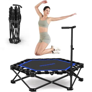 HXD-ERGO 42'' Foldable Mini Trampoline, Rebounder Trampoline with Adjustable Foam Handle, Fitness Trampoline for Indoor, Outdoor, Home Gym, Max Load 460lbs (Blue)